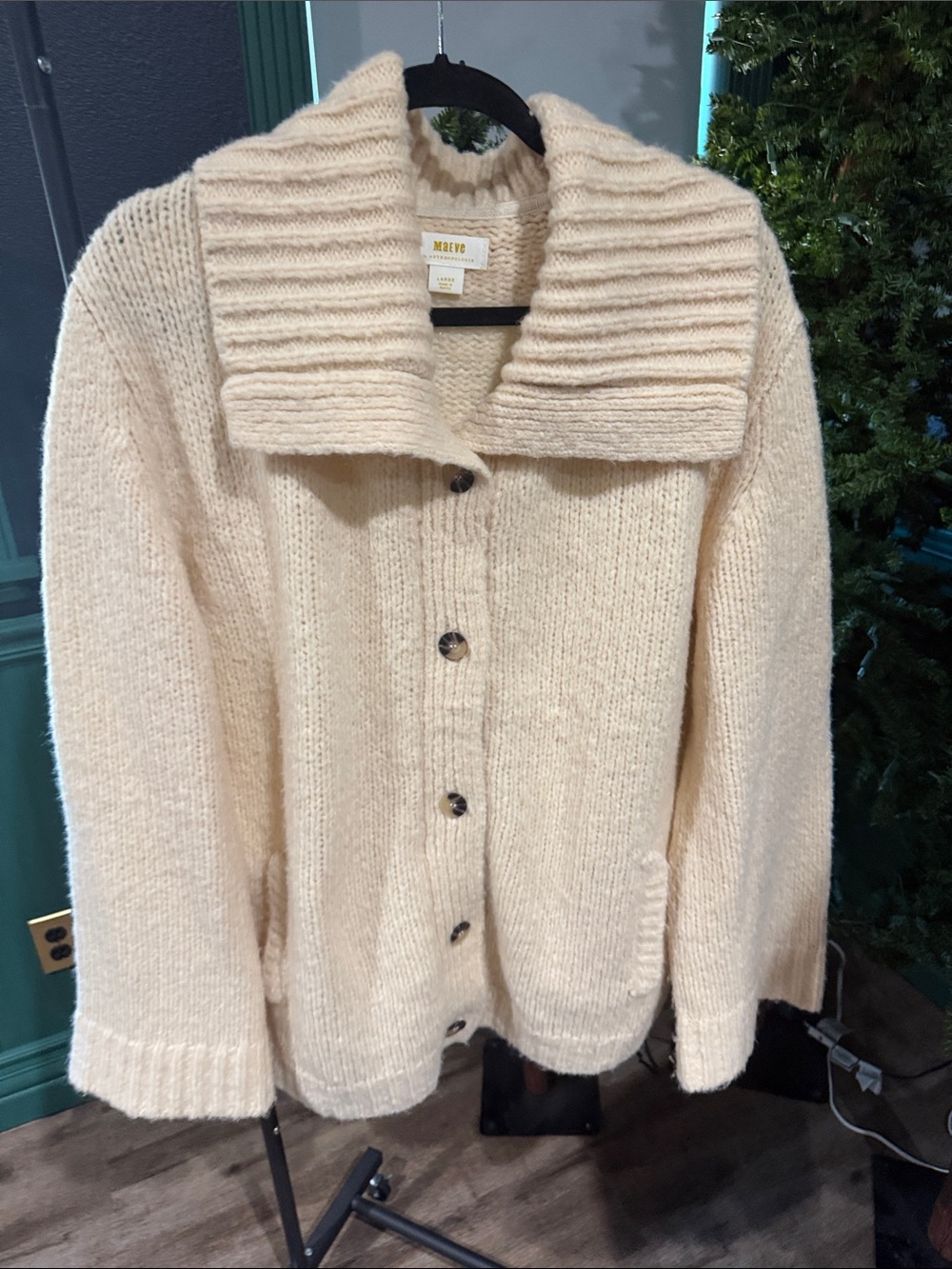 Maeve Cream Chunky Rib-Collar Button Cardigan
